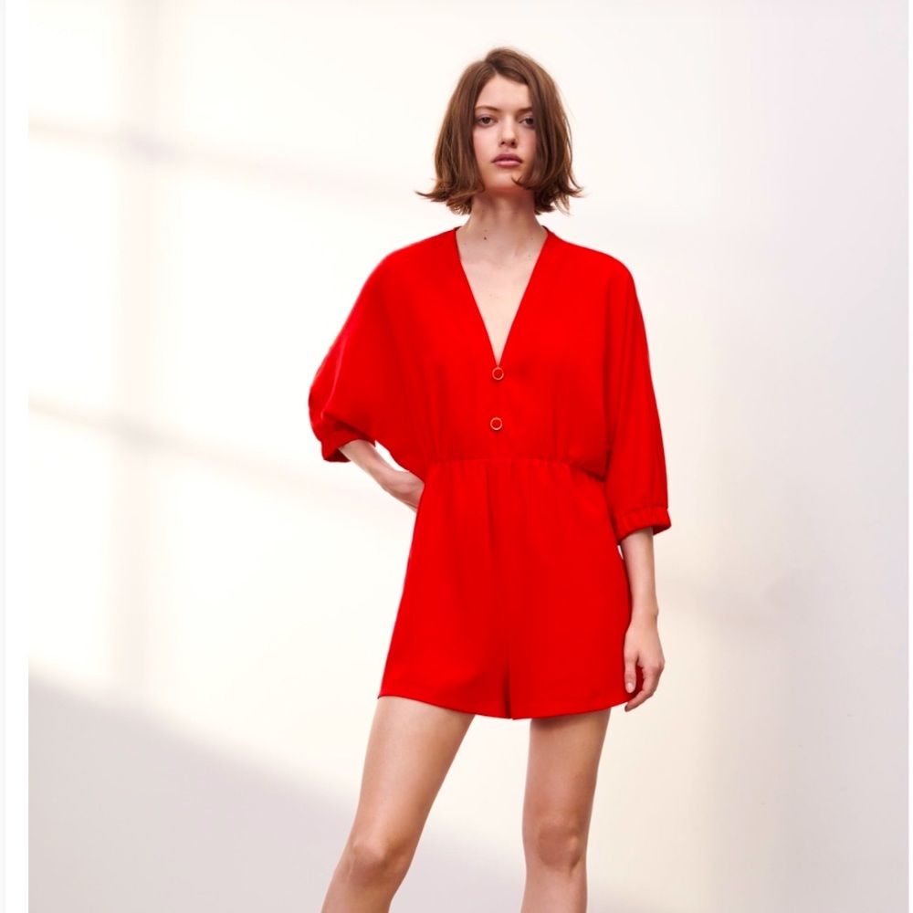 Zara Red Elastic Sleeves Short Jumpsuit Size S